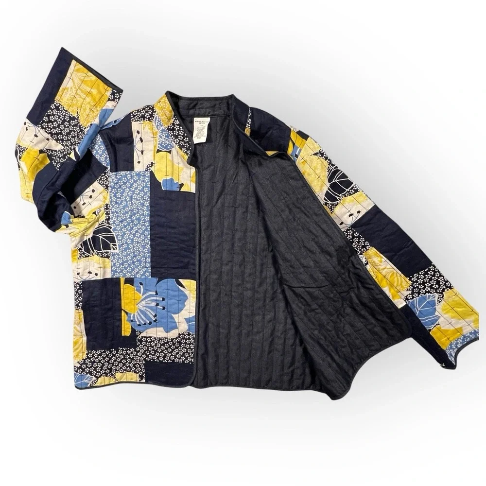 Quilted Open Lightweight Jacket Patchwork Mandarin Collar Petite 14P Yellow Blue